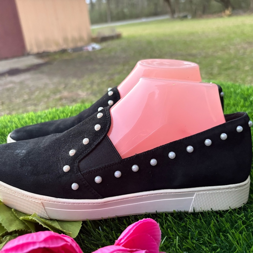 KARL LAGERFIELD NLACK POINTED TOE LEATHER SUEDE SNEAKERS FAUX PEARL TRIM 8.5 - Picture 7 of 10